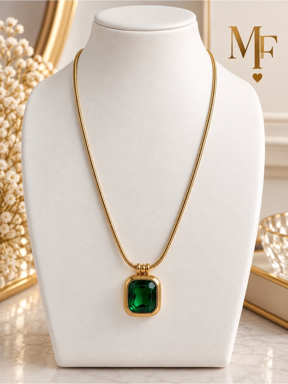 Gold Necklace with Emerald Green Pendant